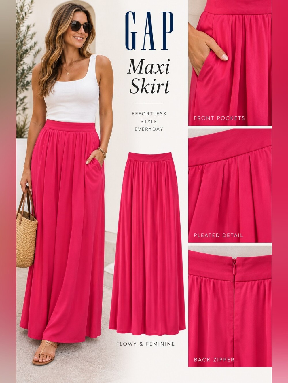 Gap Hot Pink Fuchsia Maxi Skirt Size 6 Pleated Flowy Pockets